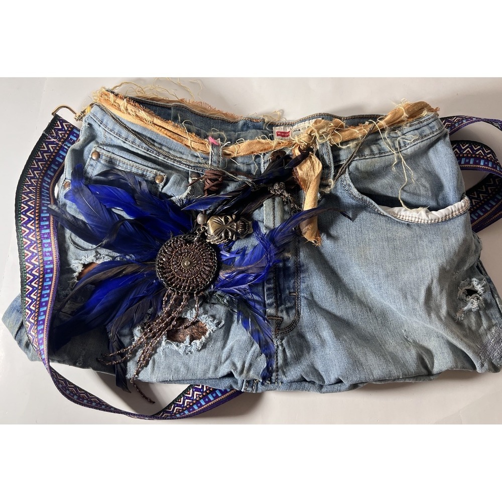Boho Upcycled Wrangler‎ Jeans Purse w/  Feathers Skull Charm Crossbody Festival